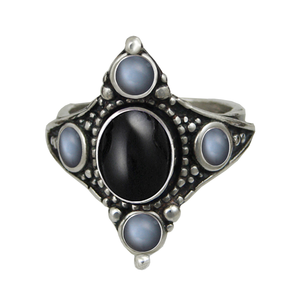 Sterling Silver Renaissance Queen's Ring With Black Onyx And Grey Moonstone Size 8 Sterling Silver Renaissance Queen's Ring With Black Onyx And Grey Moonstone Size 8
